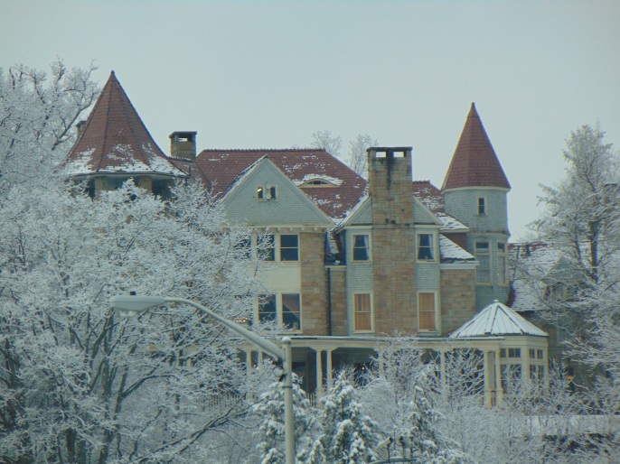 GraceLand Mansion on the hill above downtown Elkins in the snow 2016