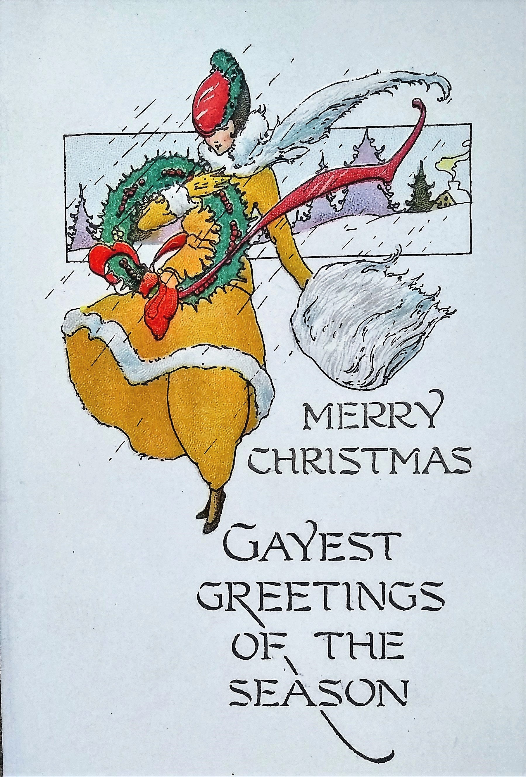 christmas card from golden rule windy walk woman